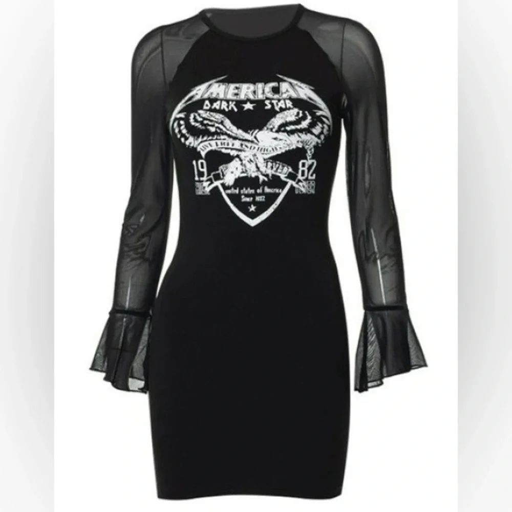 AMERICAN DARK⭐️STAR Live Free & High 1982 Sheer Ruffle Cuffs Sleeves Mini Dress - Picture 3 of 13